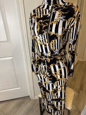 Gold Baroque Print Black & White Striped Long Sleeve Dress